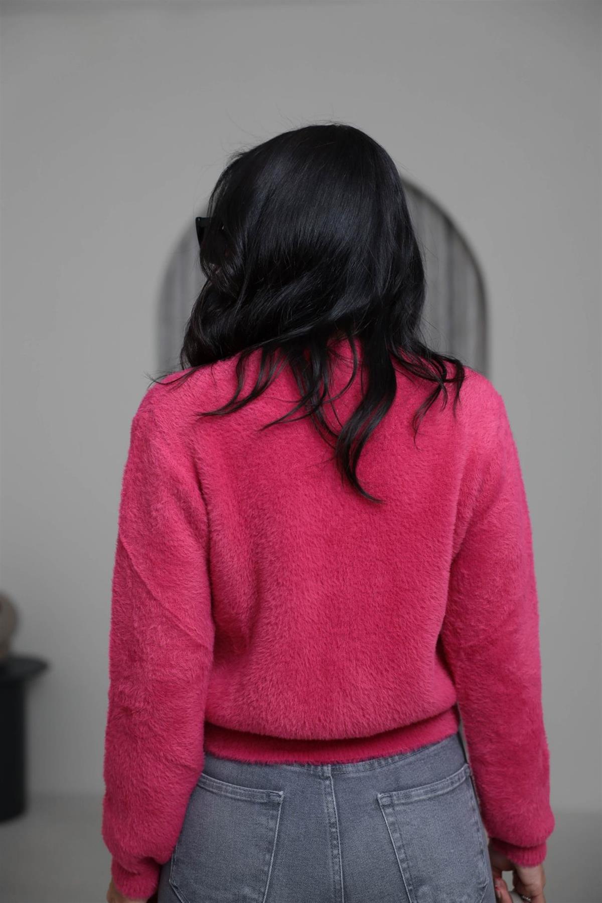 314 Çiçek Düğmeli Çıtçıtlı Yumoş Hırka FUŞYA