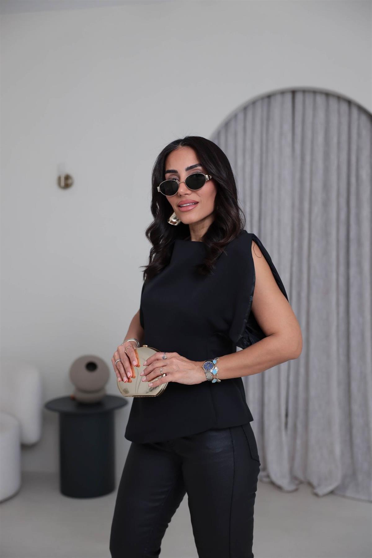 Balon Kol Asimetrik Bluz SİYAH