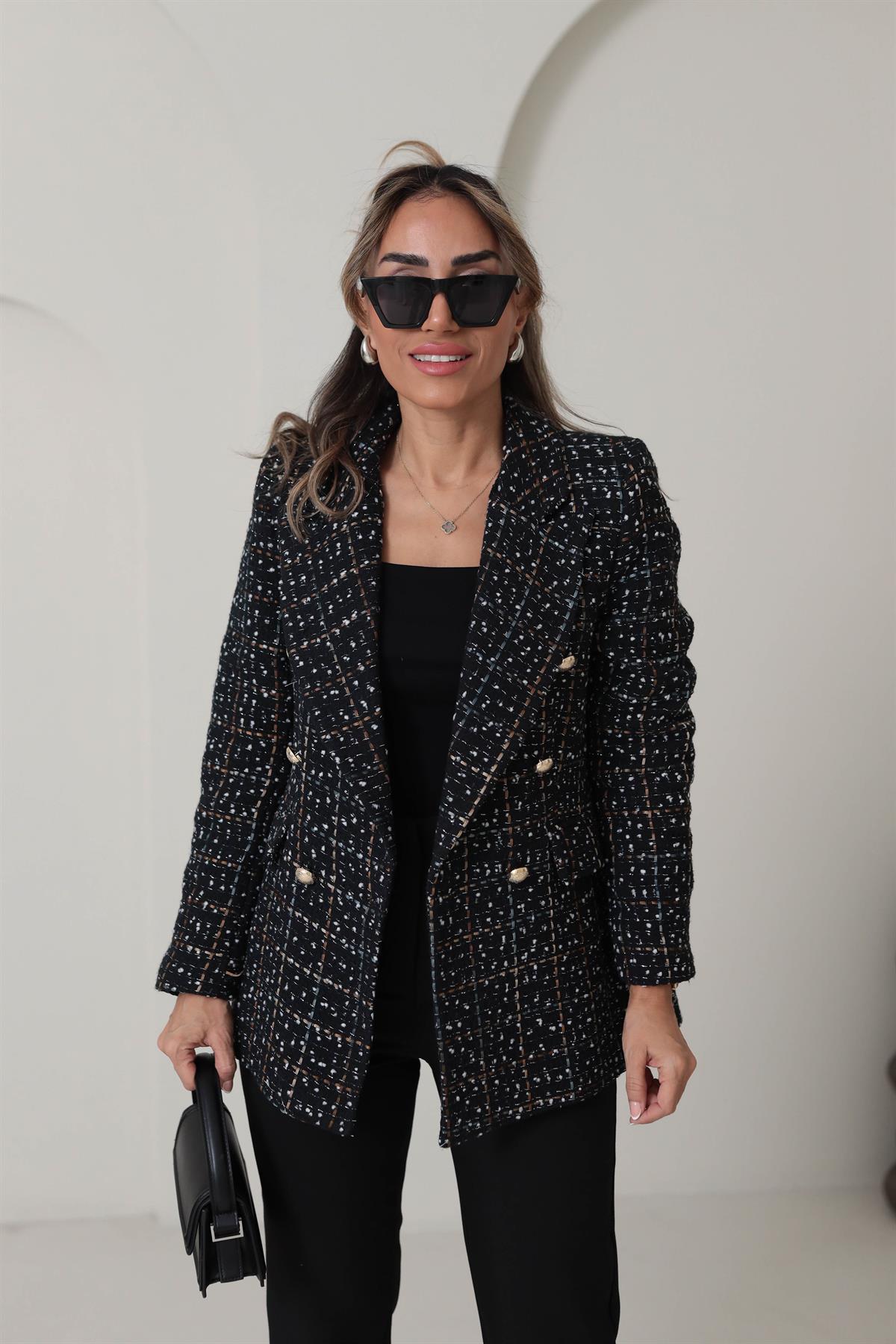 6213 Kruvaze Yaka Gold Düğmeli Tüvit Ceket SİYAH