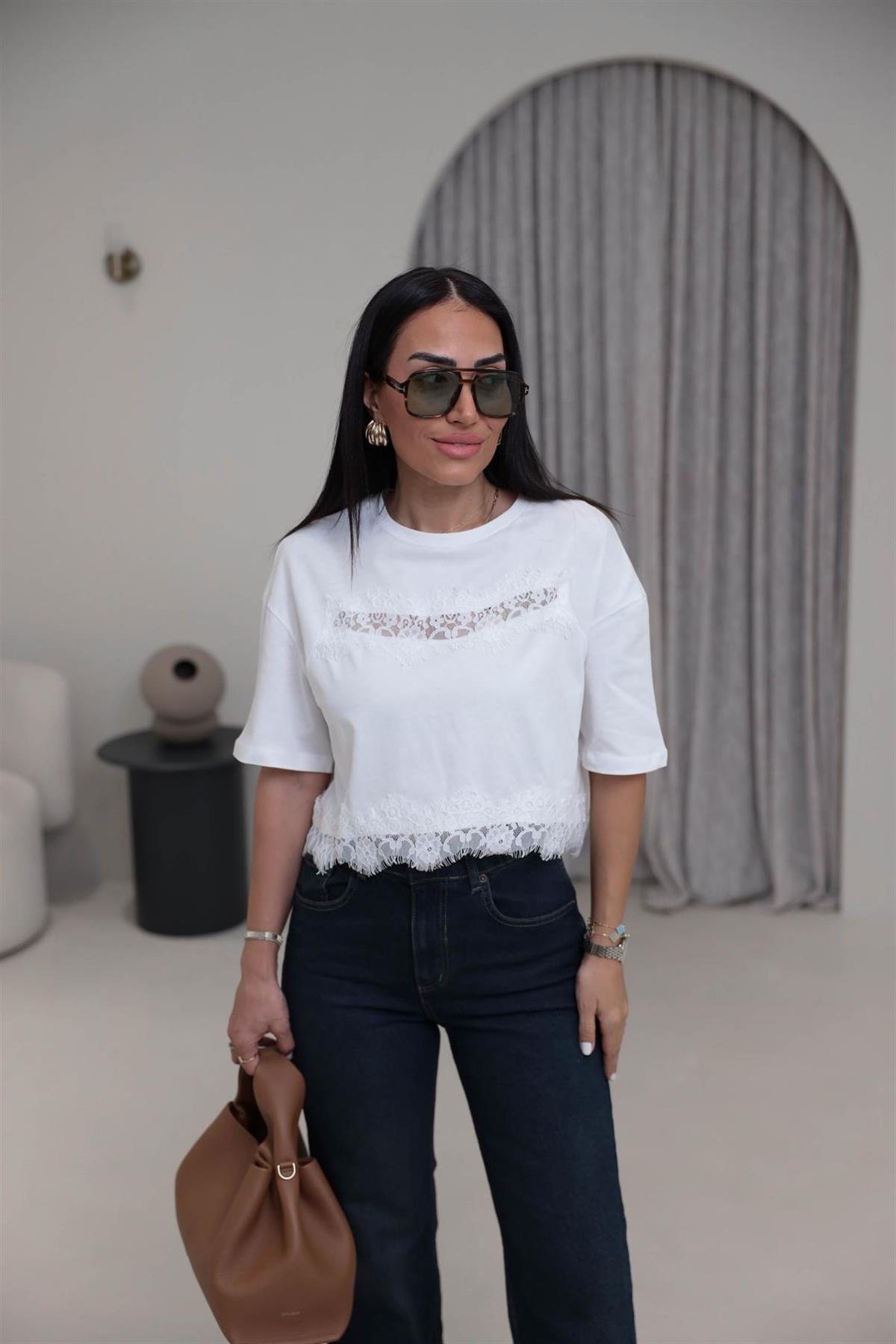 2252 Dantel Detaylı Pamuklu Kısa Tshirt EKRU