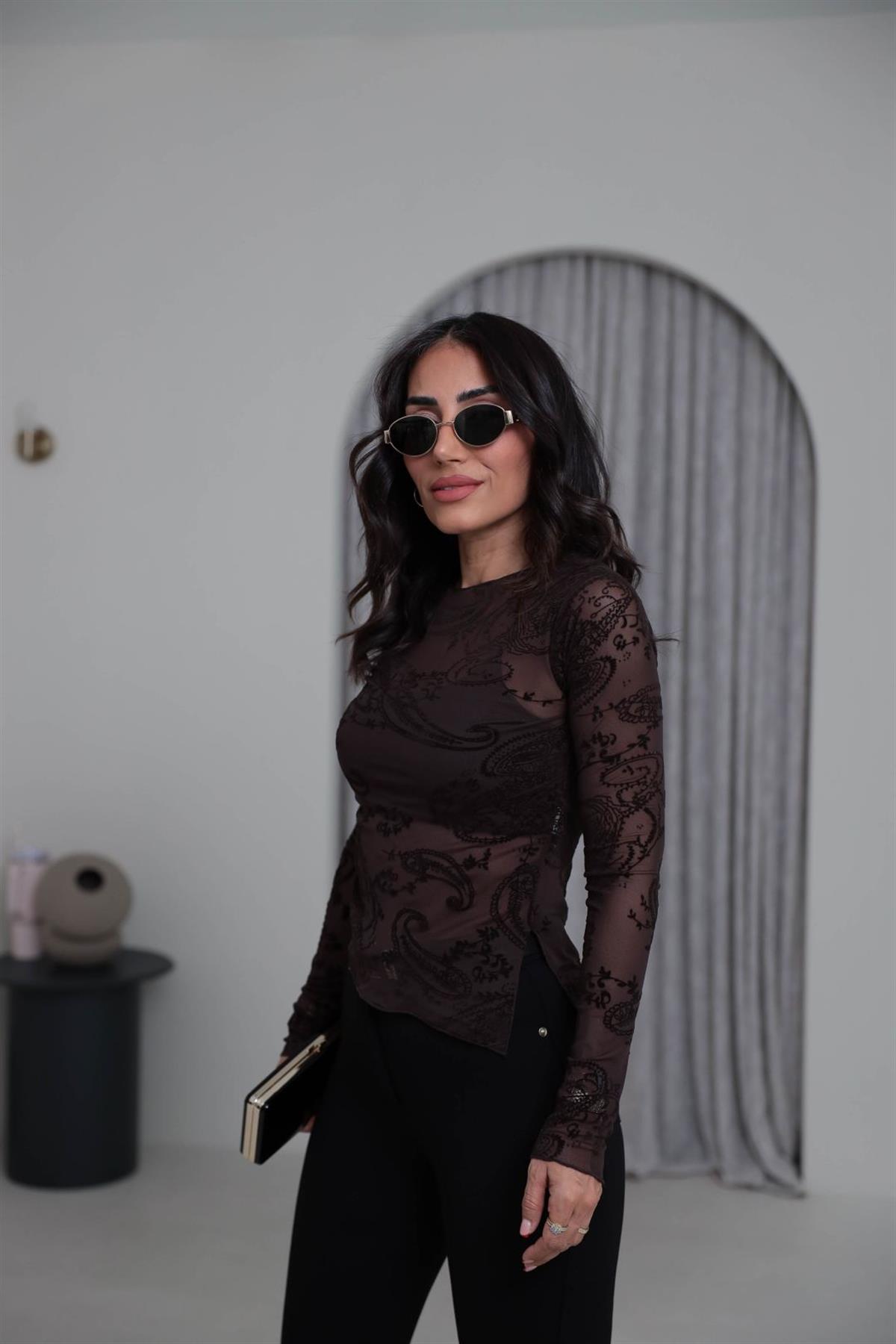 7248 Kadife Baskılı Asimetrik Tül Bluz KAHVE