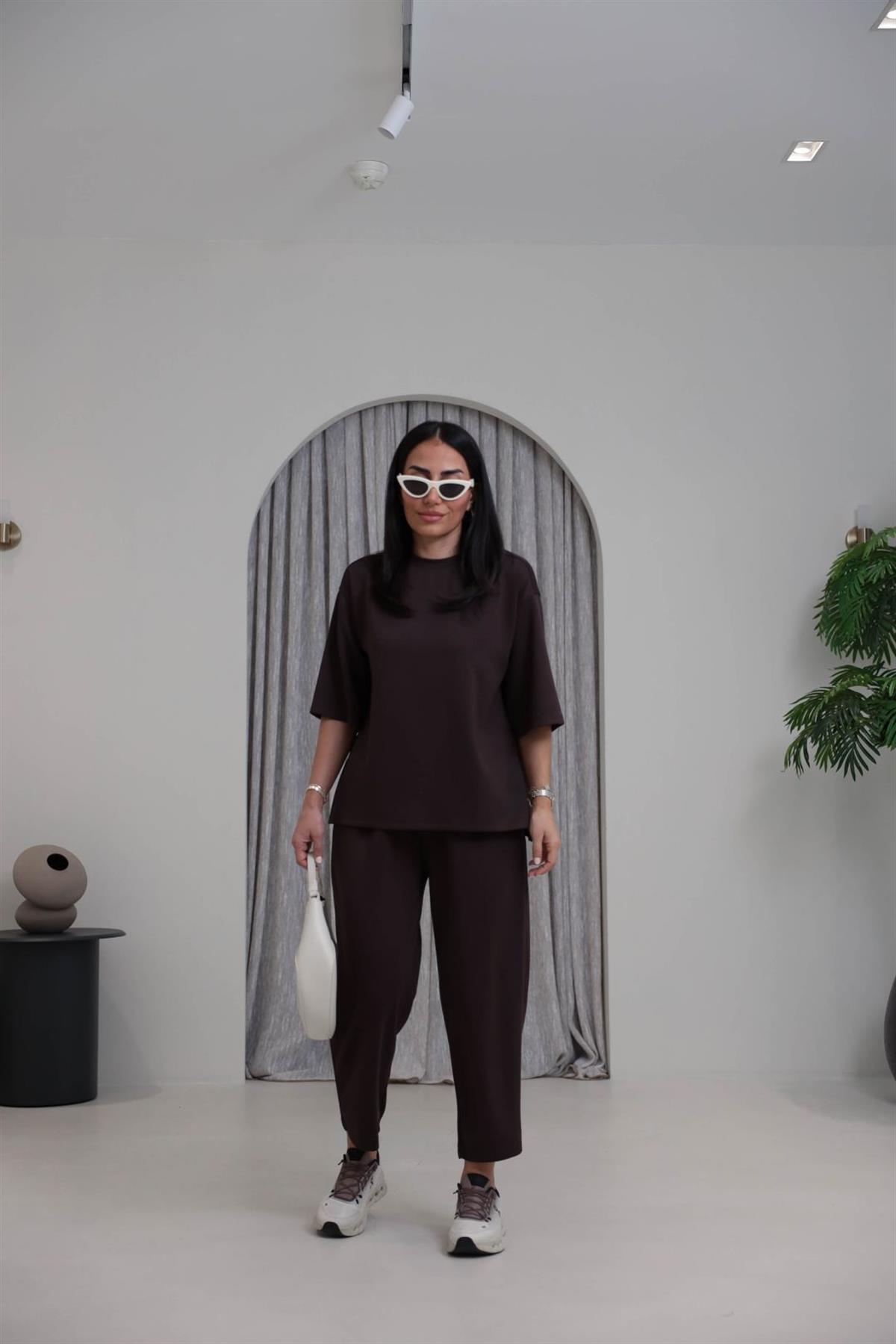 2485 Yanları Yırtmaçlı Kısa Kol Modal Takım ACI KAHVE