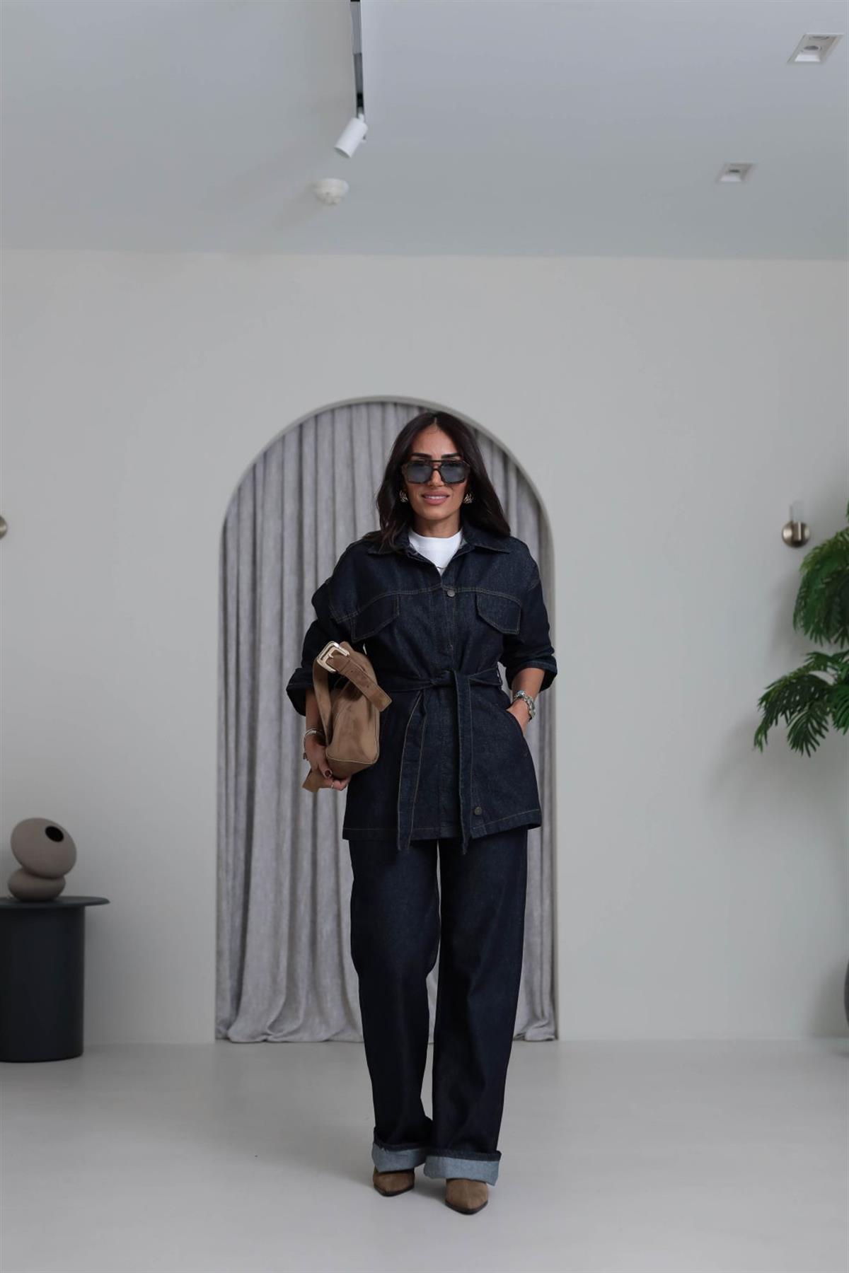 7653 Gizli Düğmeli Kuşaklı Cepli Denim Takım LACİVERT