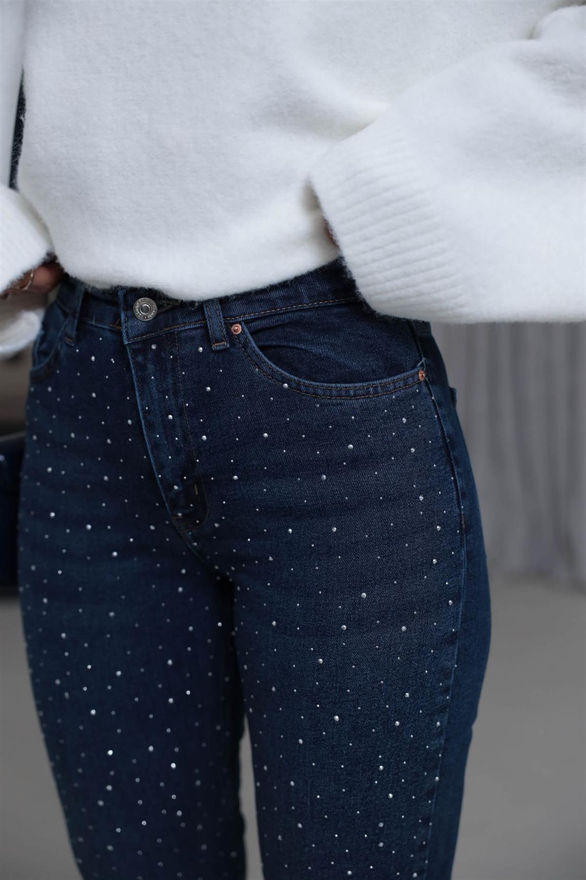 1055 Serpme Taşlı Likralı Jean KOYU MAVİ