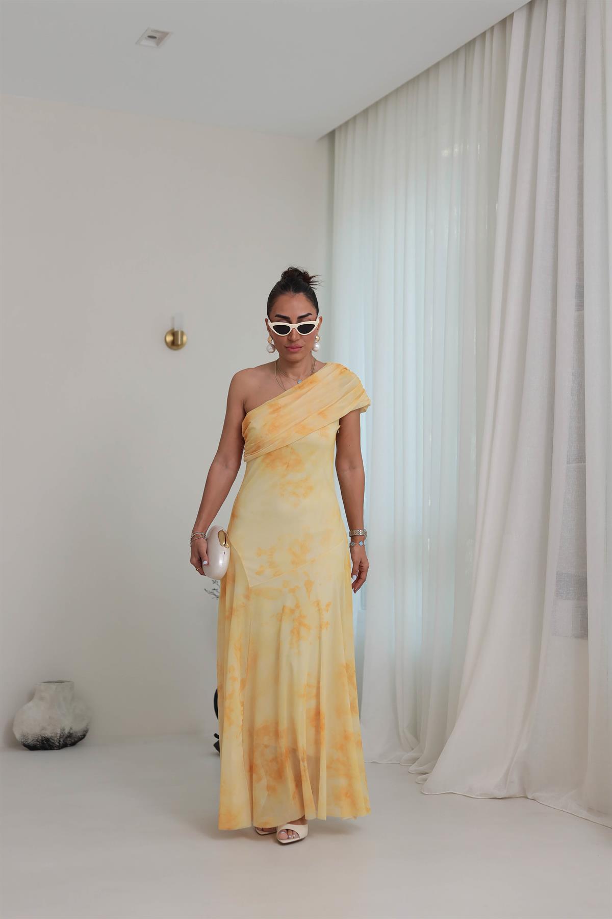 5177 Tek Omuz Drape Detaylı Parçalı Tül Elbise SARI