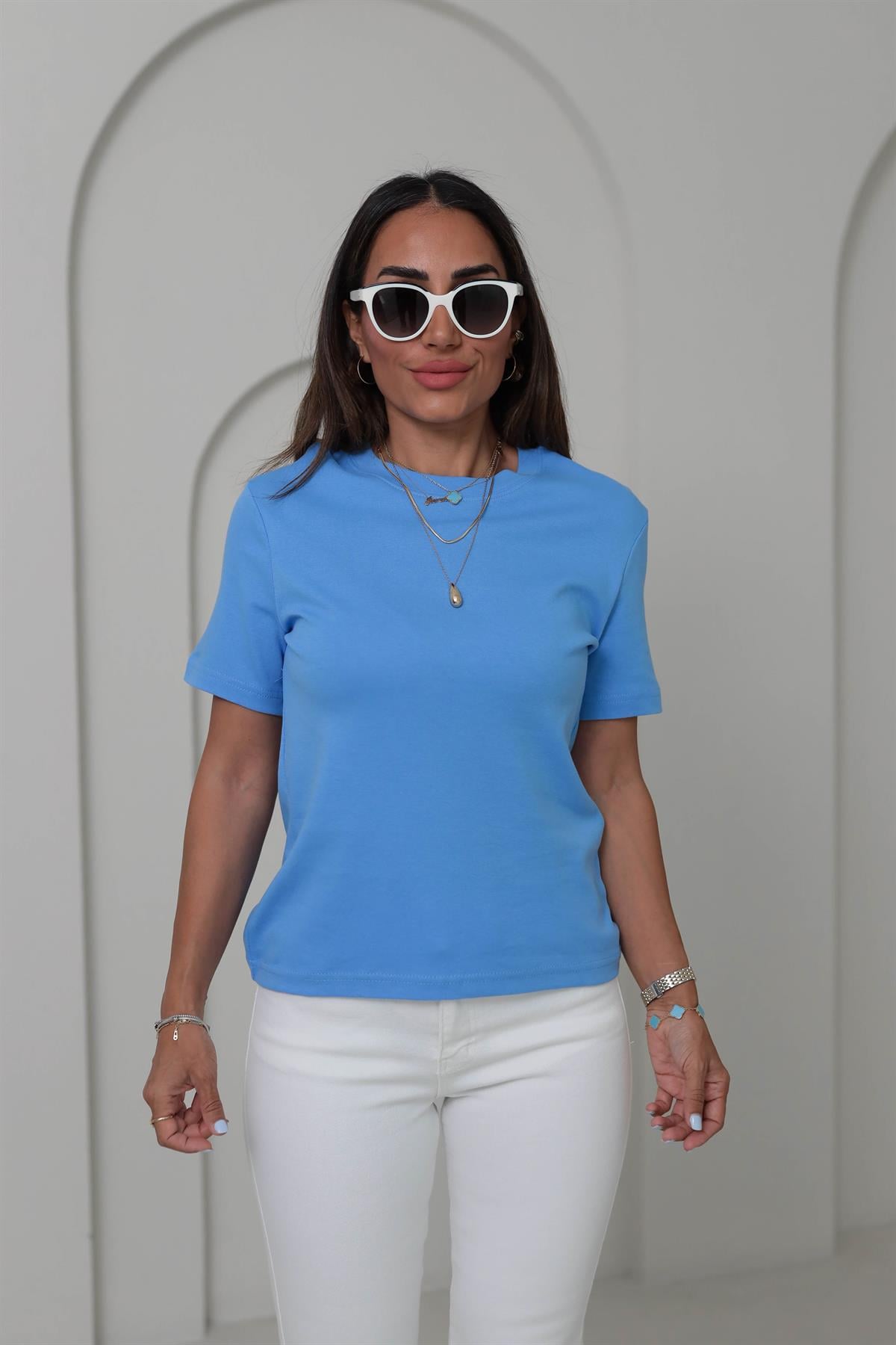 1075 Bisiklet Yaka Pamuklu Basic Tshirt MAVİ