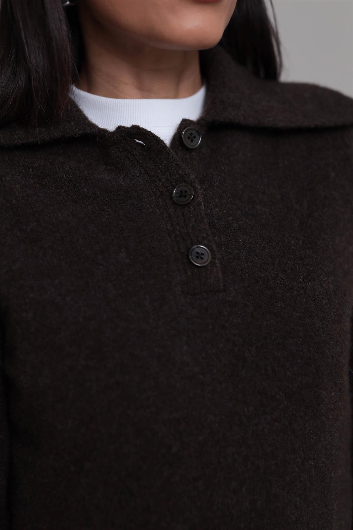 5069 Gömlek Yaka Yarım Düğmeli Kazak ACI KAHVE