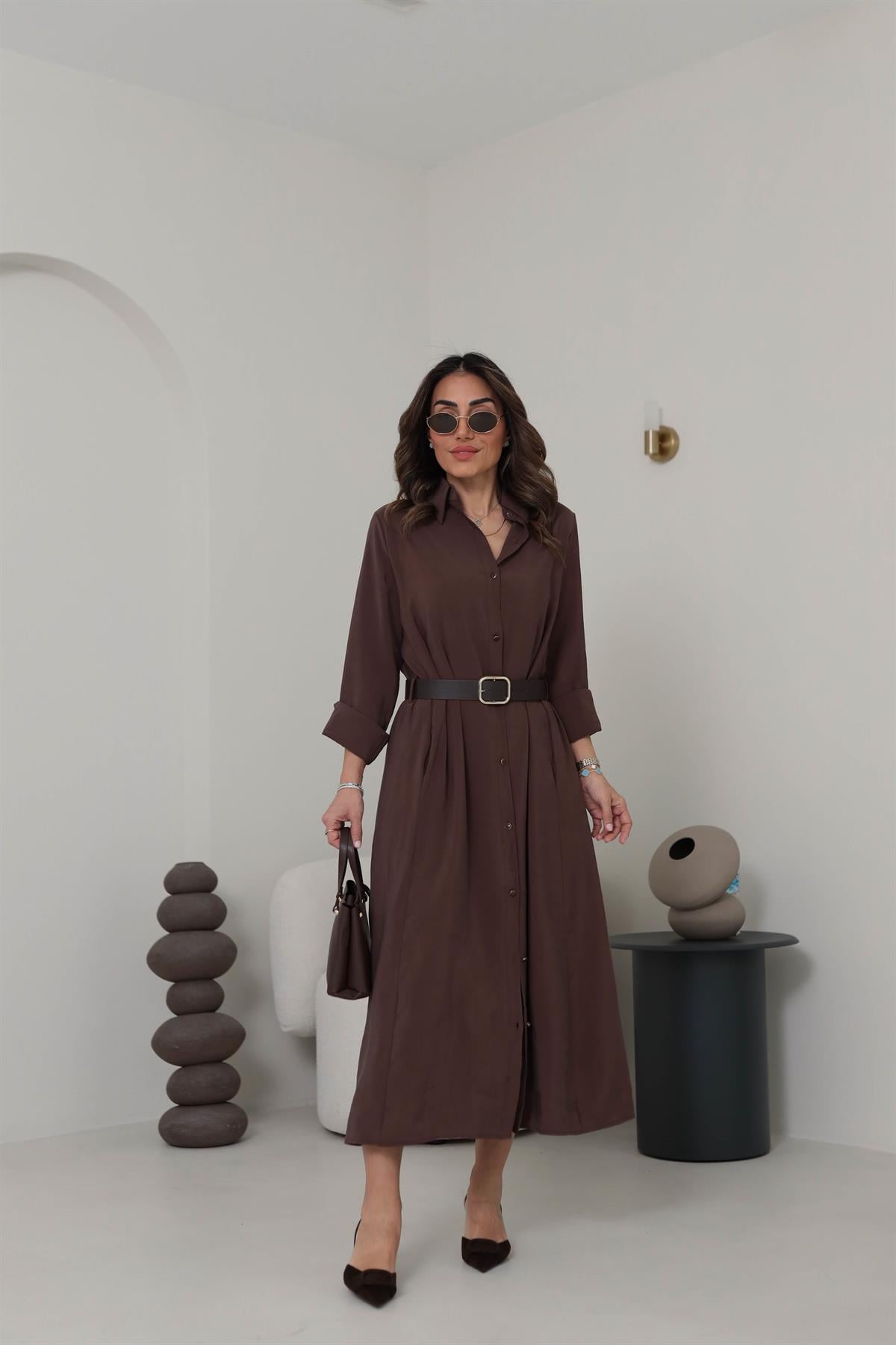 0286 Gold Düğmeli Tencel Gömlek Elbise KAHVE