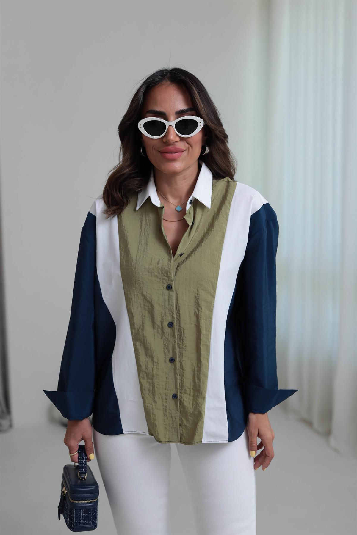 3021 Parçalı Tasarım Gömlek YAĞ YEŞİLİ