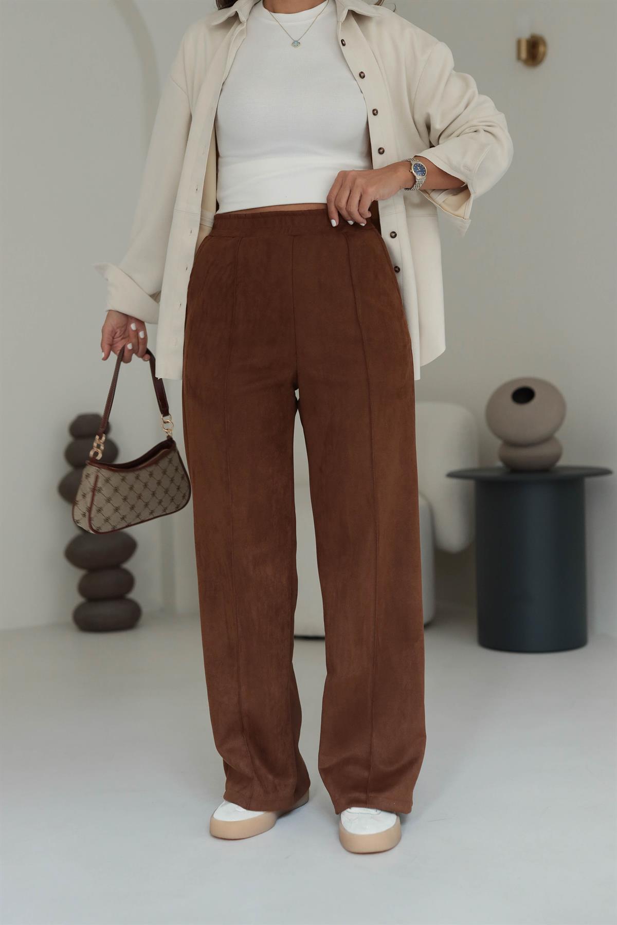 6632 Bel Lastikli Bol Nubuk Pantolon