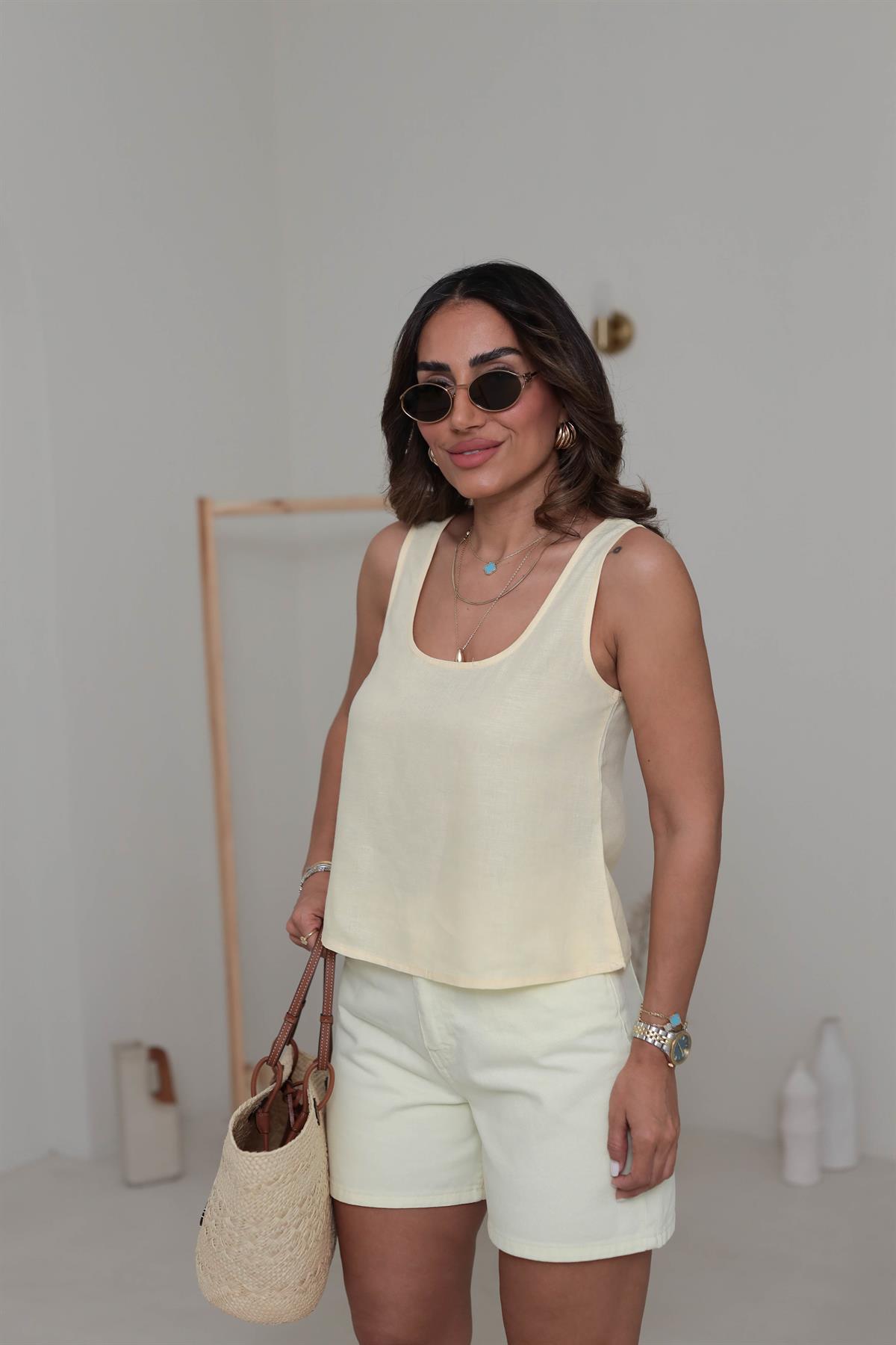 7328 Kalın Askılı Dökümlü Keten Atlet SARI