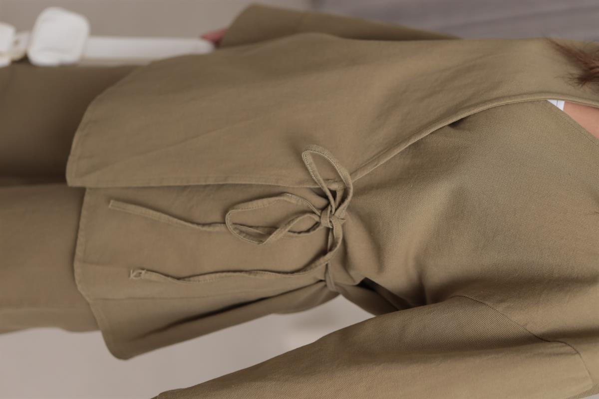 8629 Duble Kol Önden Bağlamalı Ceket & Pantolon Takım HAKİ YEŞİL