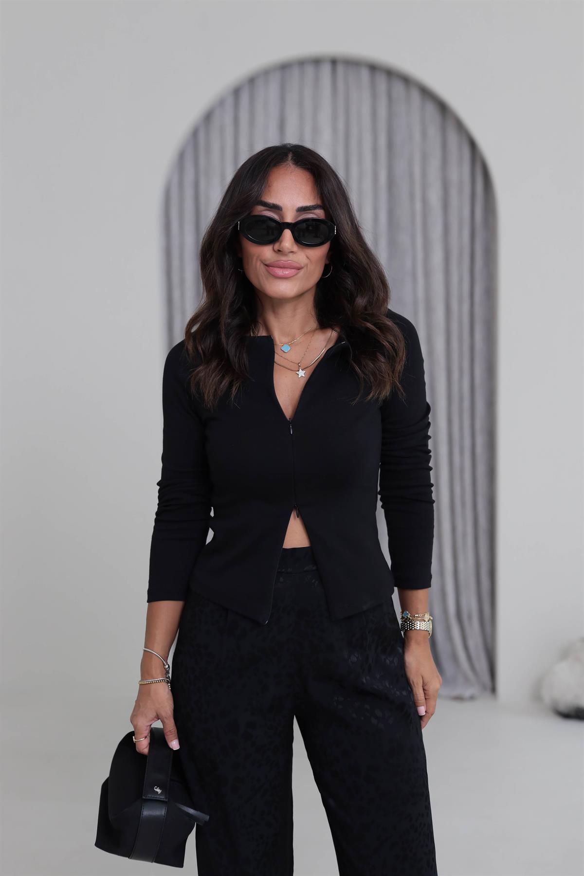 1993 Fermuar Detaylı Uzun Kollu Bluz SİYAH