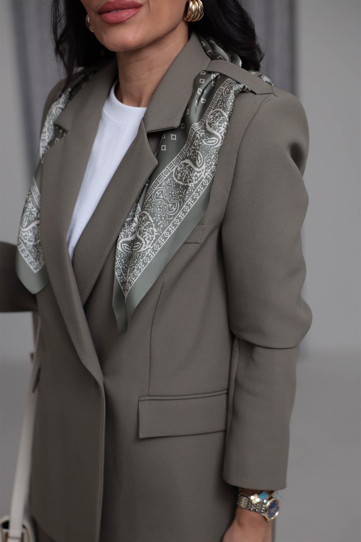 7665 Fular Detaylı Blazer Ceket HAKİ YEŞİL