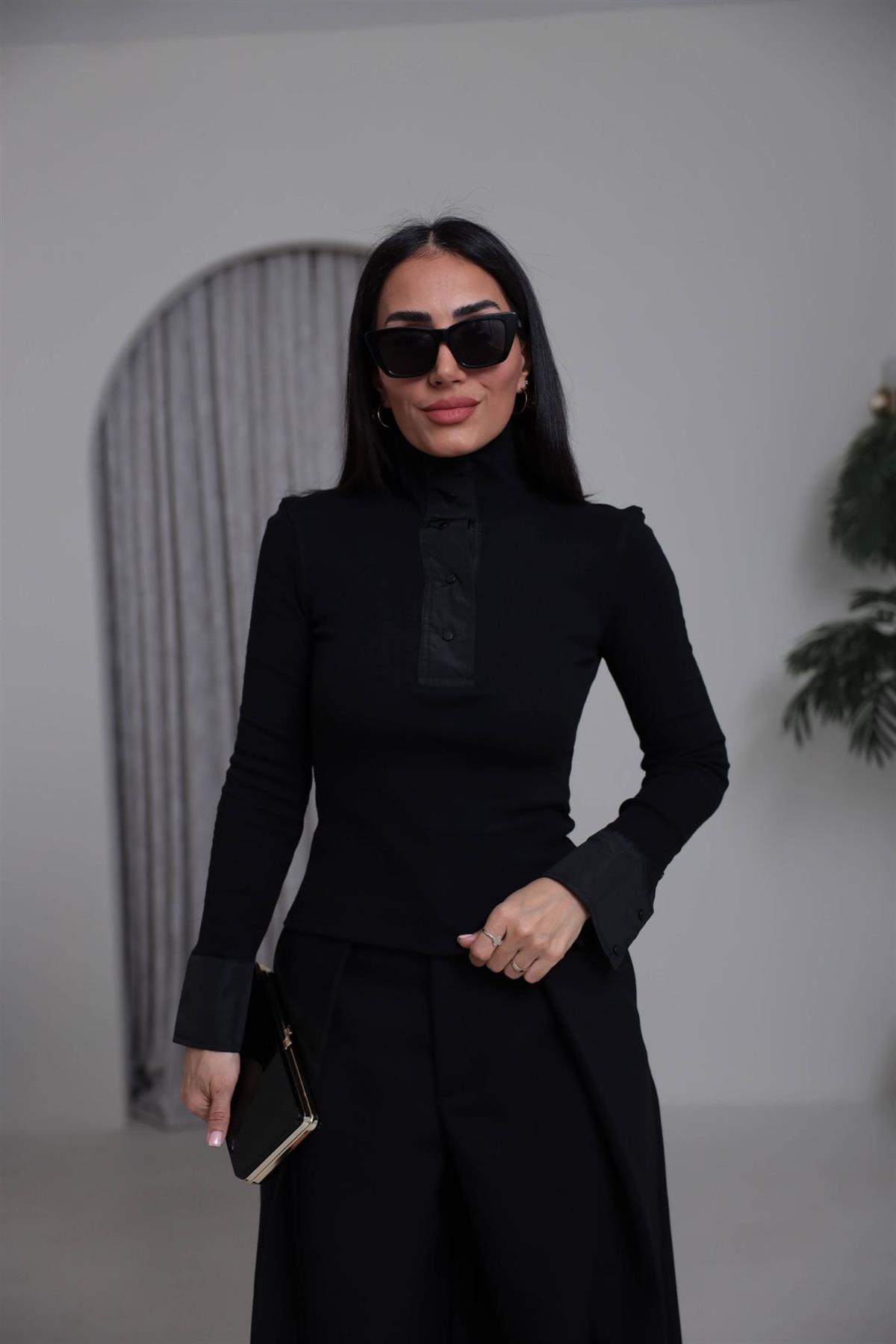 7009 Paraşüt Garnili Çıtçıtlı Triko Bluz SİYAH