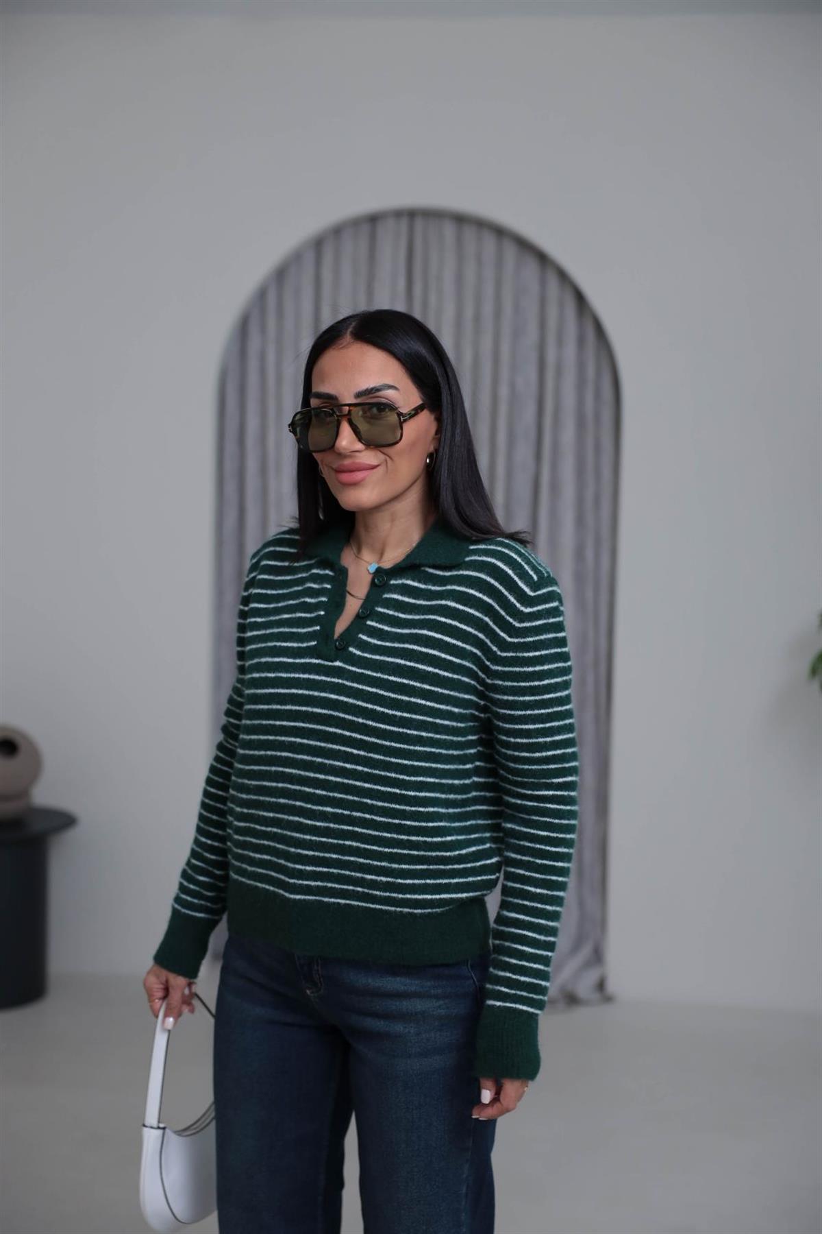 4968 Polo Yaka Yarım Düğmeli Çizgili Kazak YEŞİL