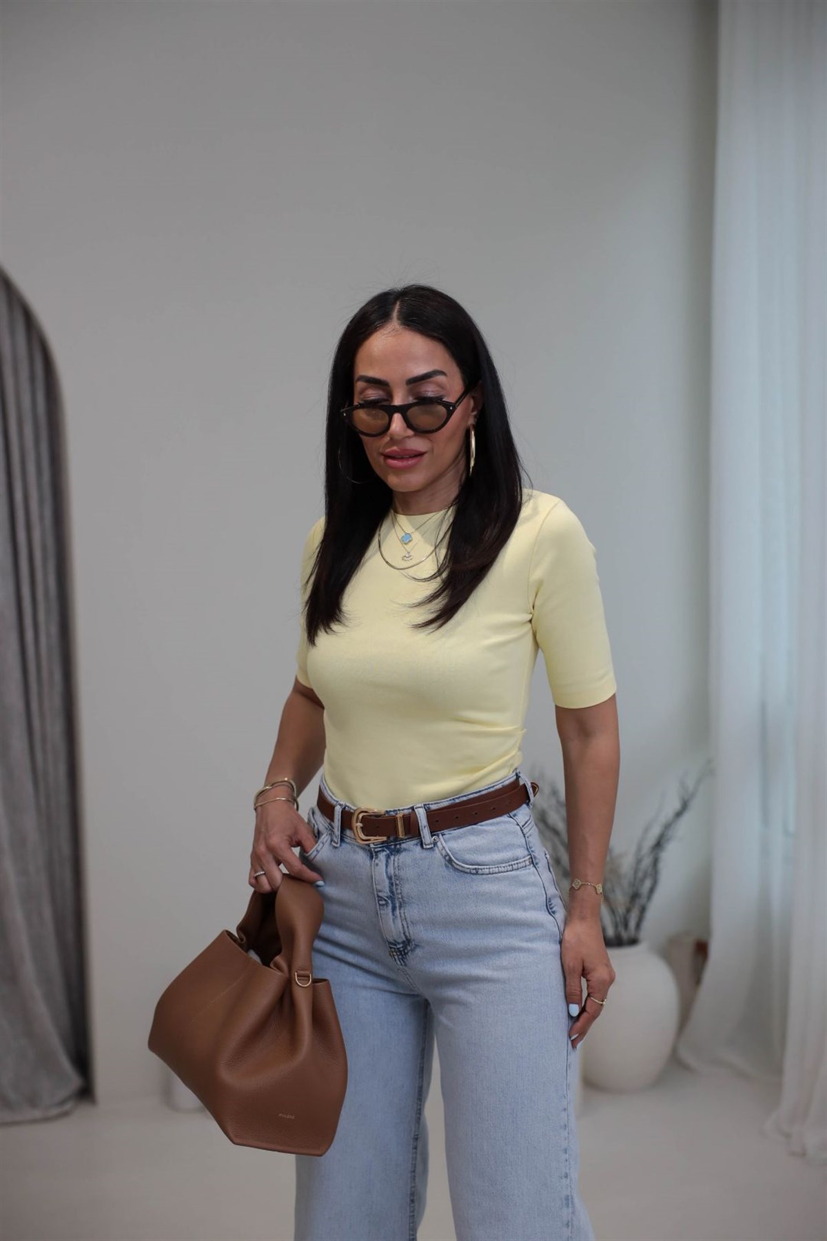 7190 Bisiklet Yaka Yan Detaylı Tshirt SARI