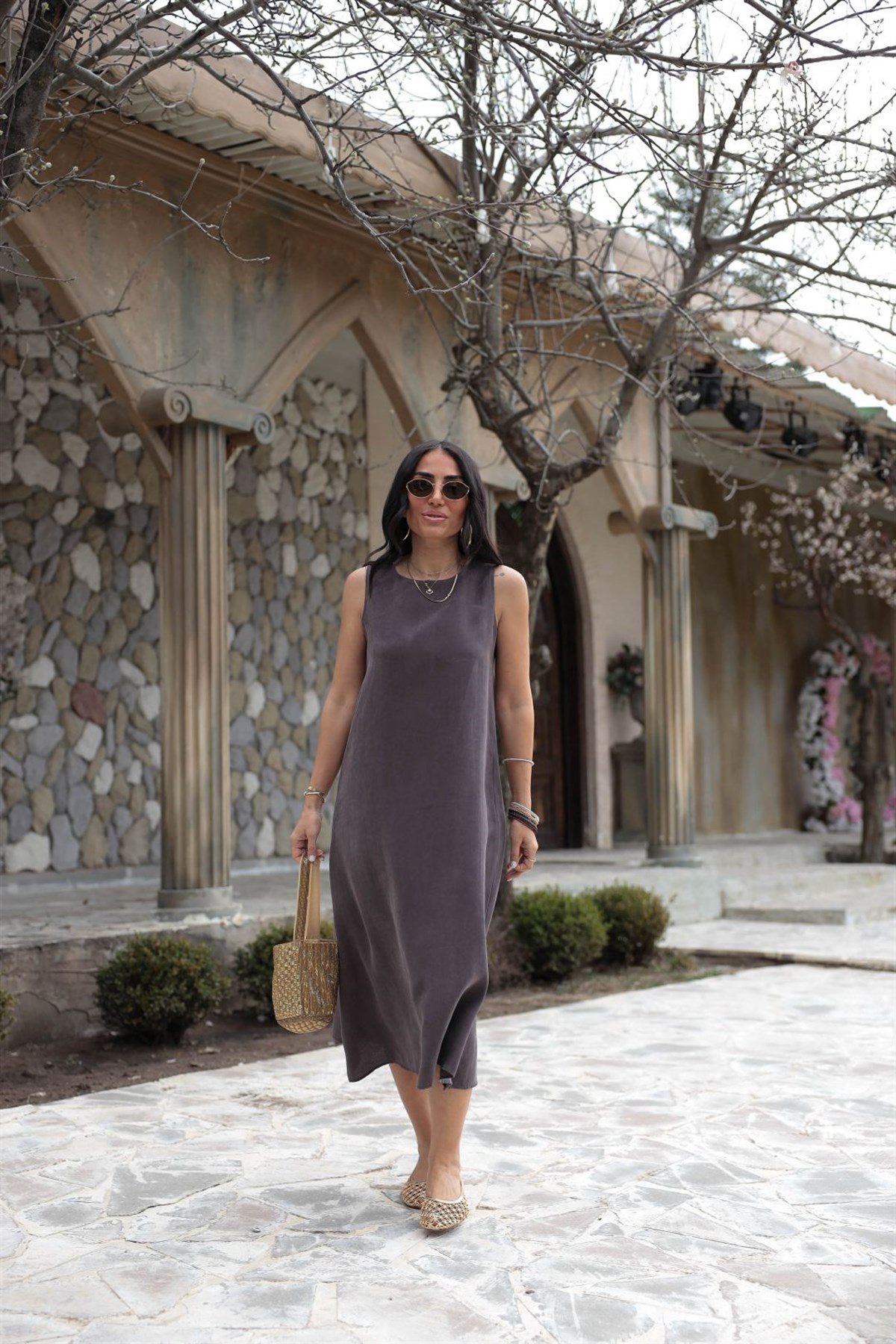 5007 Sıfır Kol Tencel Uzun Elbise MÜRDÜM