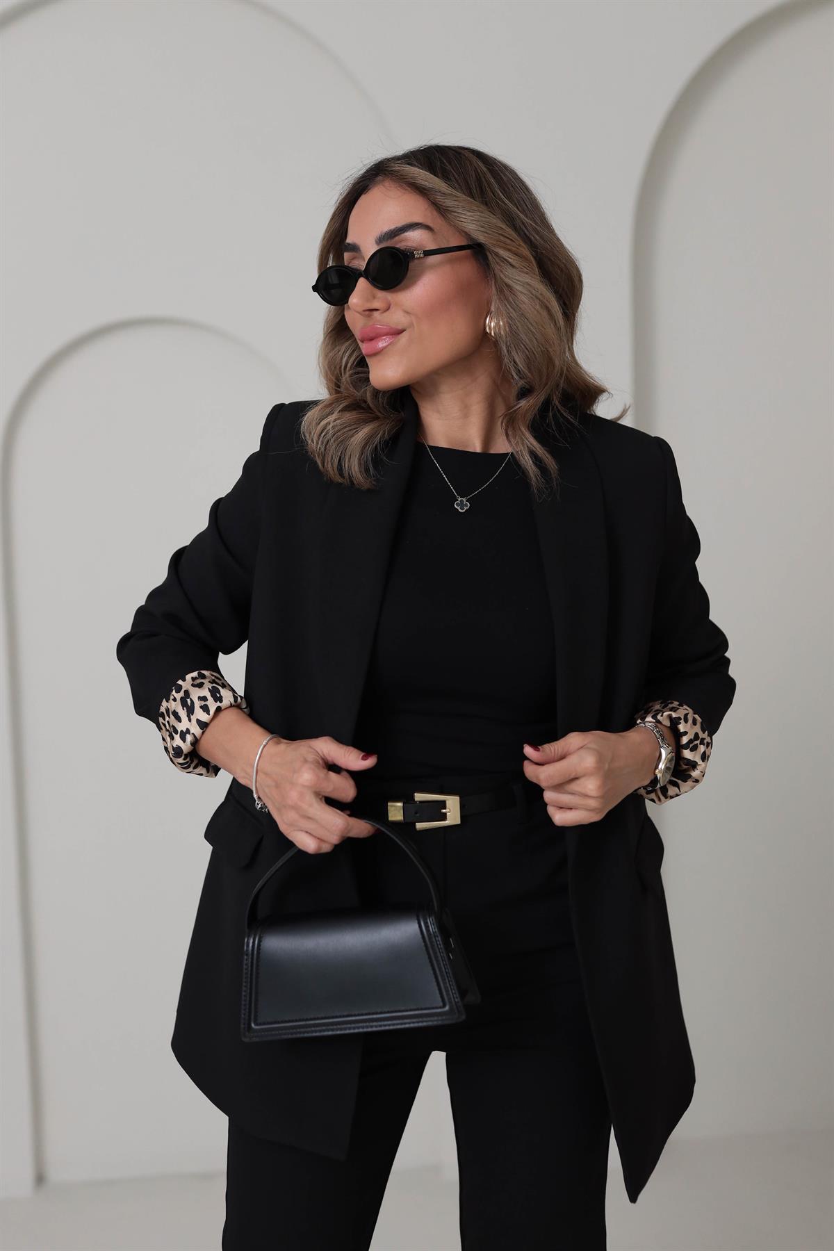 9227Y Leopar Astarlı Şal Yaka Ceket SİYAH