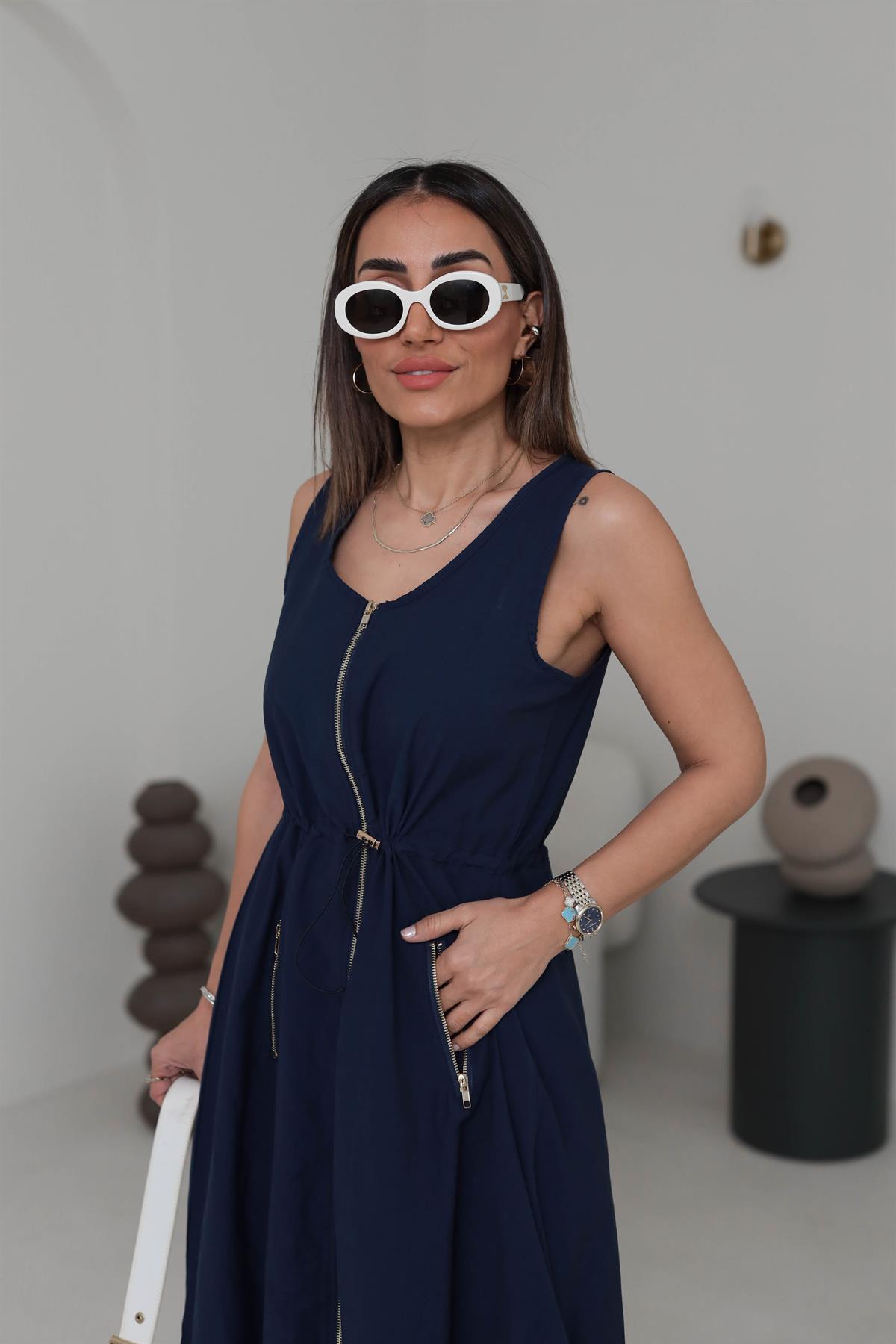 6069 Gold Fermuarlı Sıfır Kol Midi Elbise LACİVERT