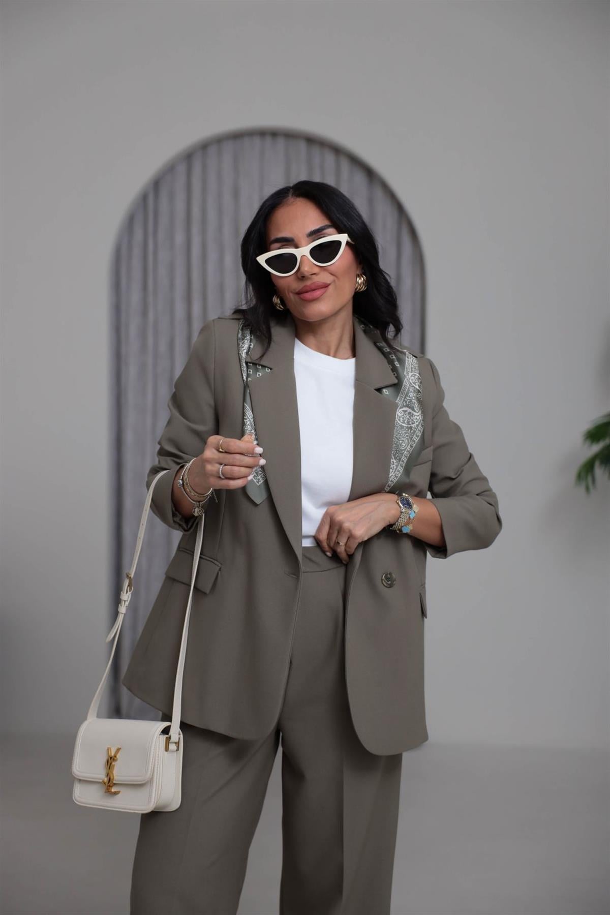 7665 Fular Detaylı Blazer Ceket HAKİ YEŞİL