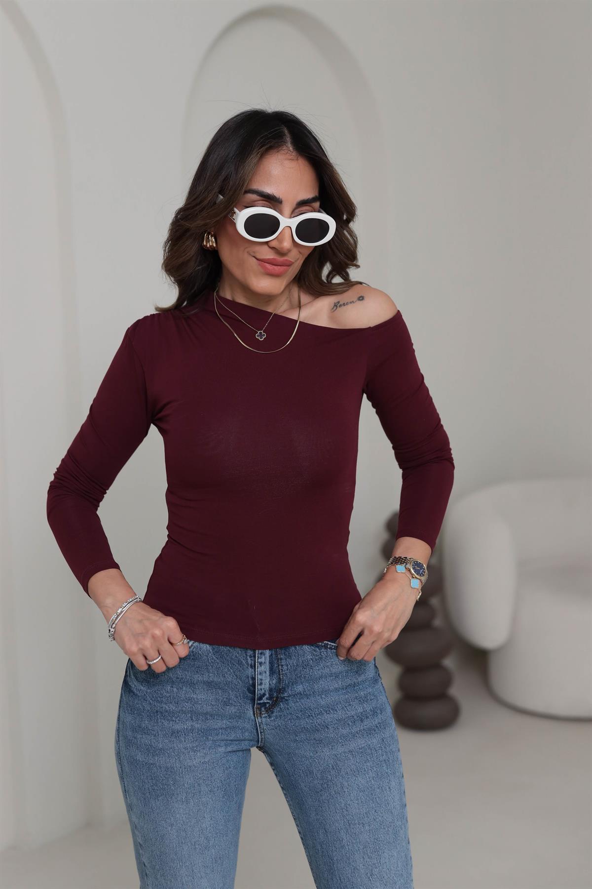 1001 Omuz Drape ve Dekolte Detaylı Bluz BORDO