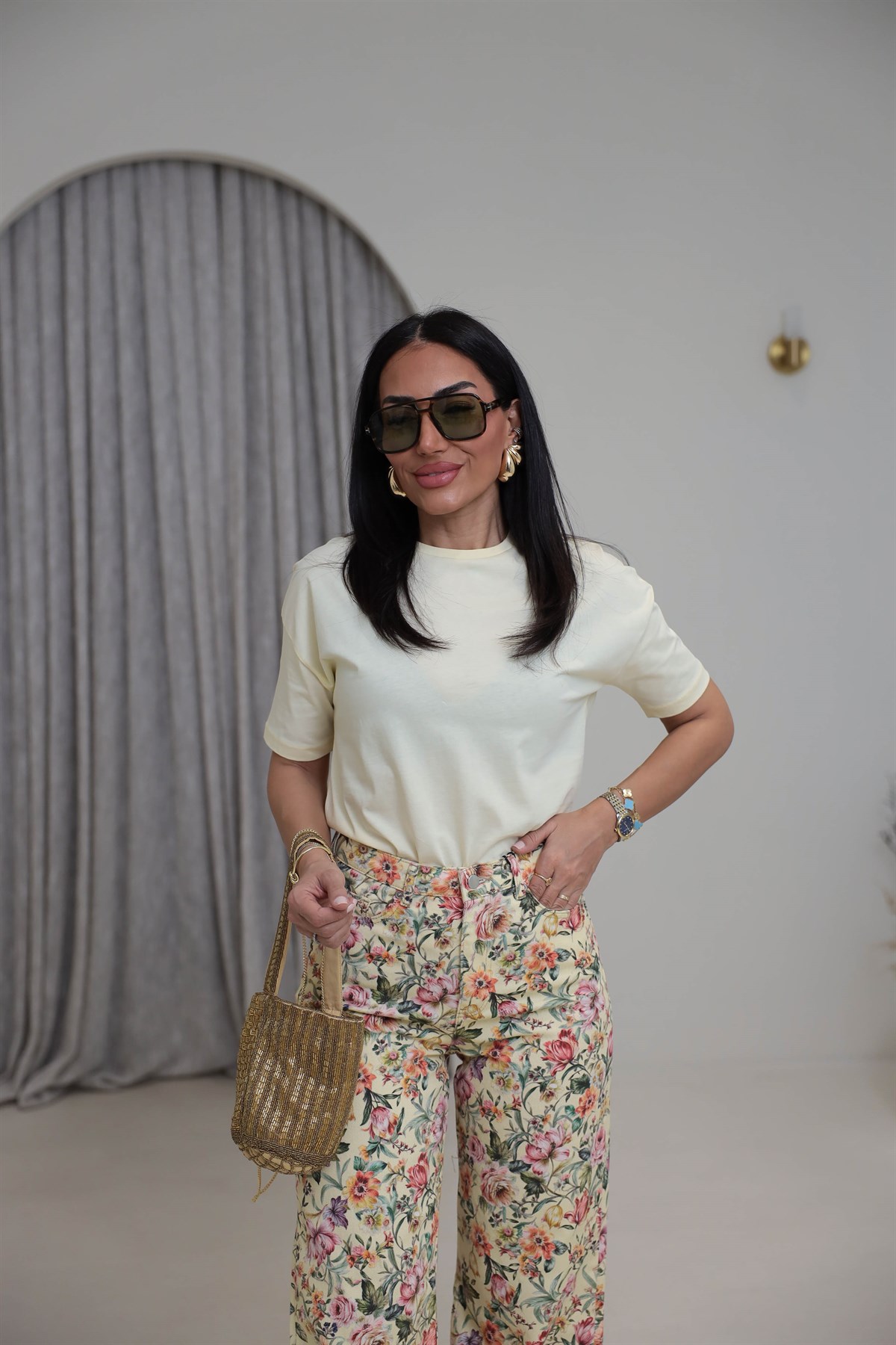 3683Y Bisiklet Yaka Pamuklu Basic Tshirt SARI