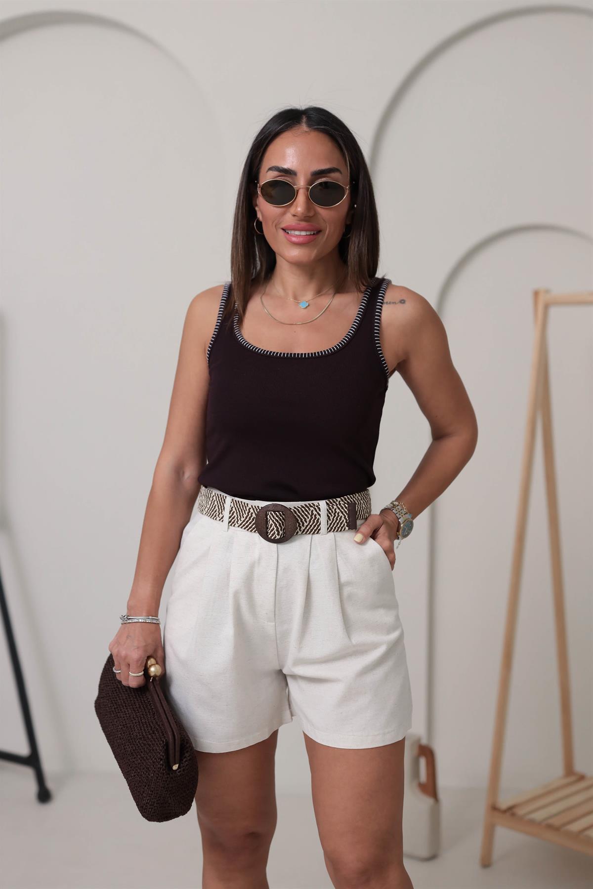 Süs Dikiş Detay İpek Triko Atlet KAHVE