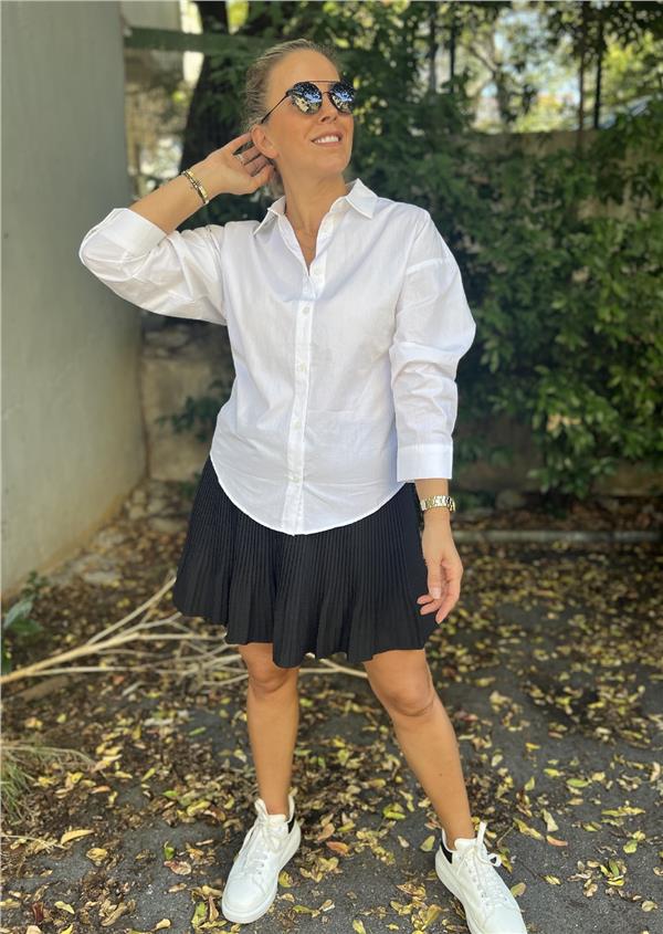 Beyaz Reglan Kollu Beli Lastik Detaylı Poplin Gömlek