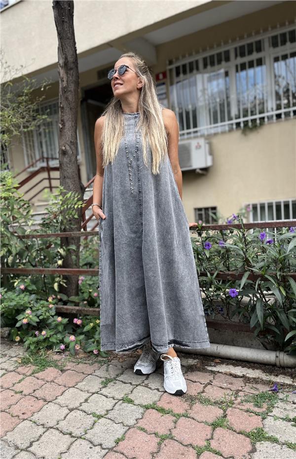 Fermuar Detaylı Denim Elbise