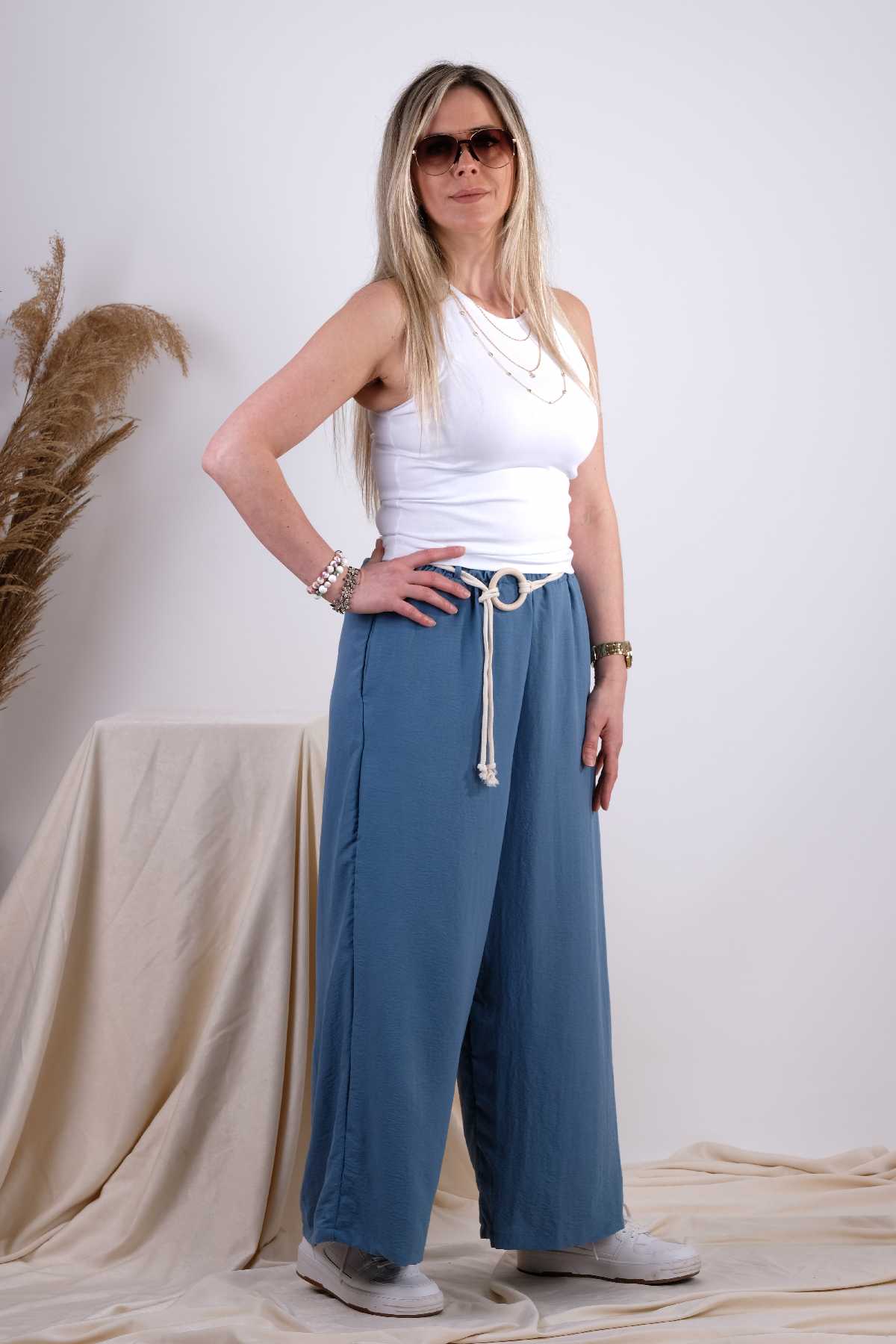İndigo Beli Lastikli Kendinden Kemerli Salaş Pantolon