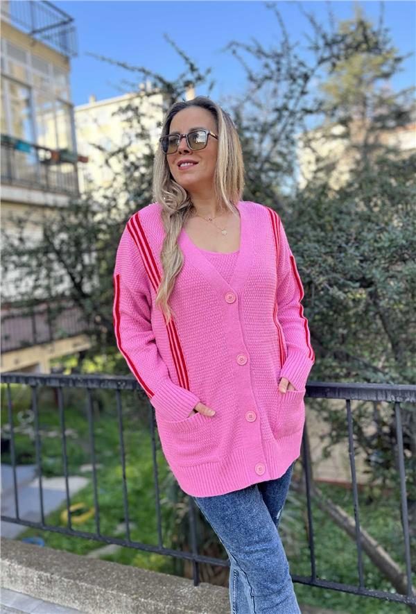 Kırmızı Şeritli Cepli Hırka