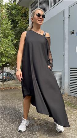 File Detaylı Tek Kol Tasarım Elbise