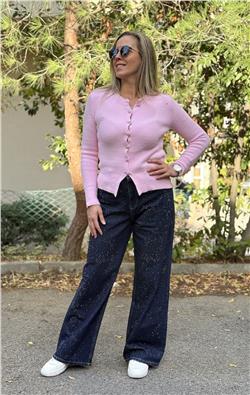 Lacivert Taş Detayl Bol Kesim Denim Pantolon