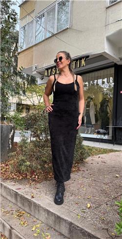 Siyah Askılı Kadife Elbise