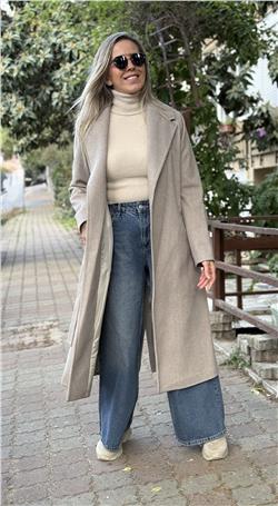 Vizon Kuşaklı Astarlı Kaşe Kaban