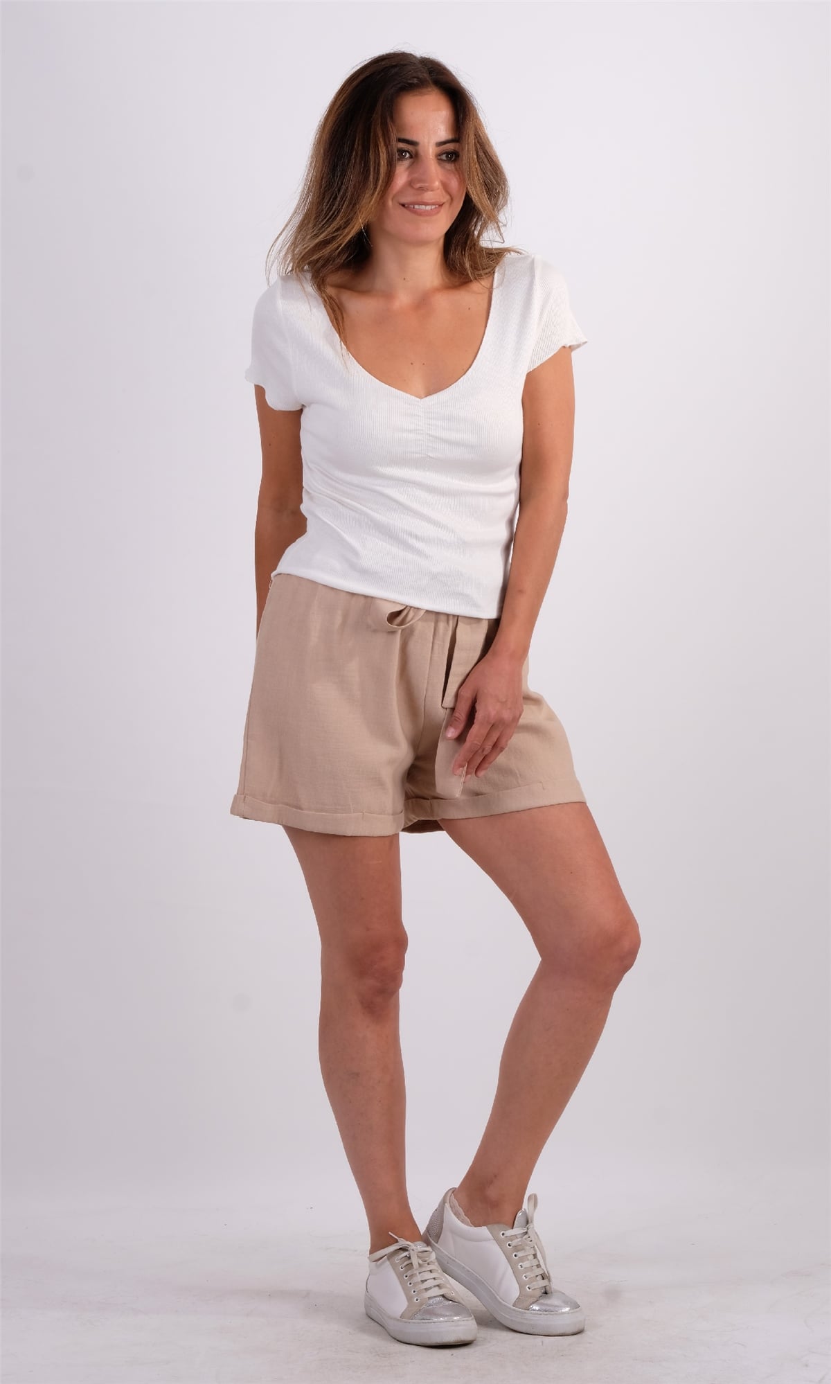 Fitilli V Yaka Kısa Tshirt