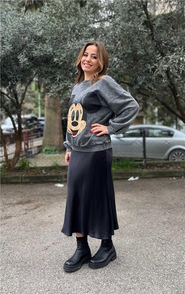 Antrasit Mickey Baskılı Yıkamalı Sweat