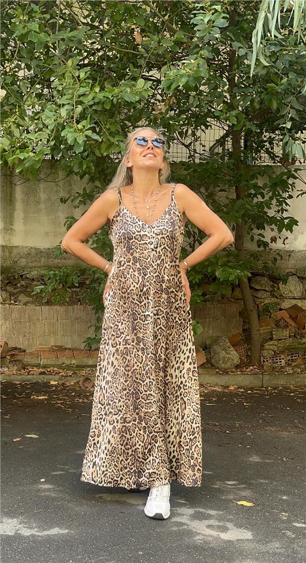 Askılı Leopar Elbise