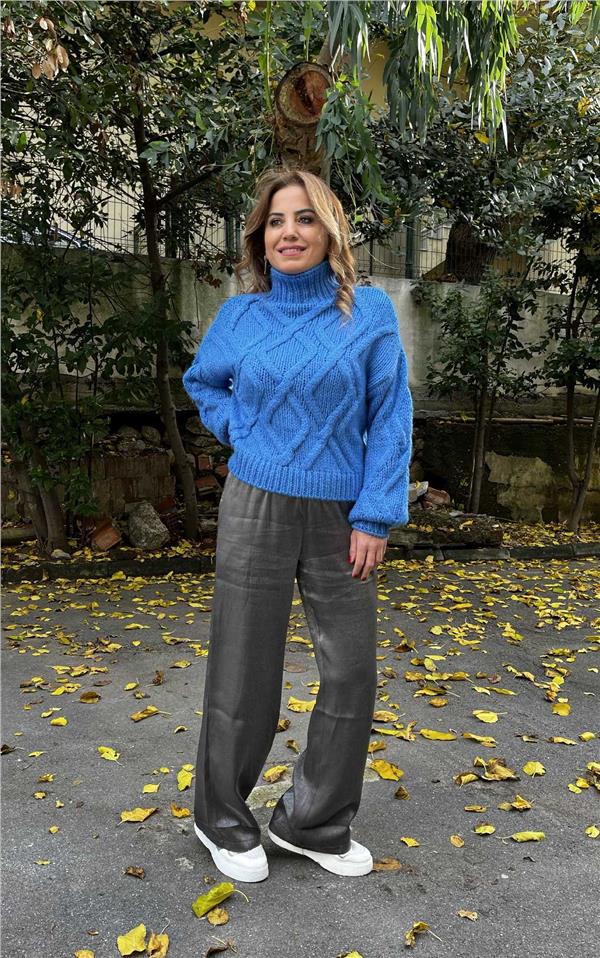 Beli Lastikli Geniş Kesim Parlak Pantolon