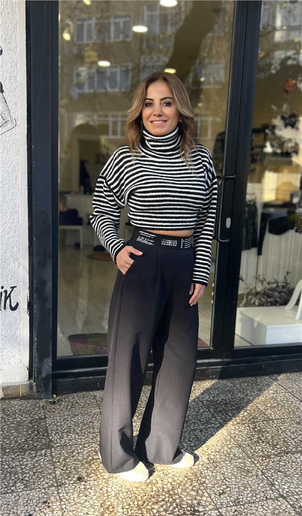 Beli Yazı Detaylı Geniş Paça Pantolon