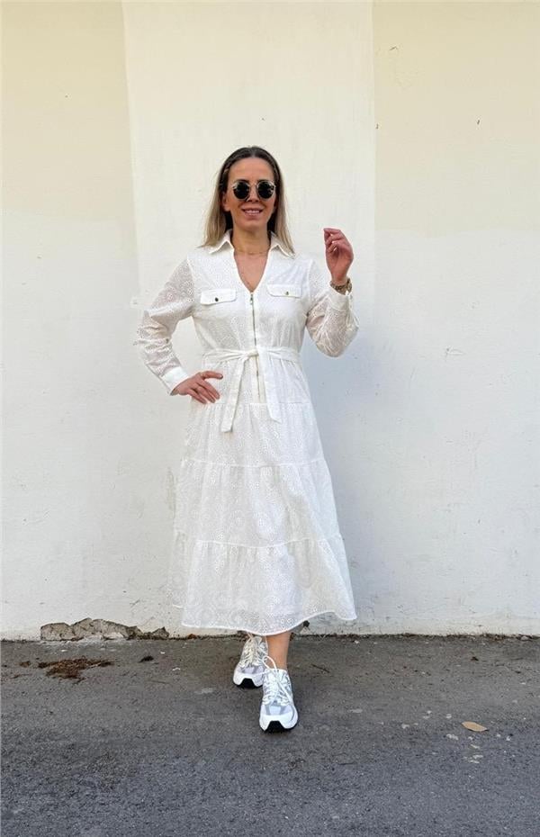 Fermuarlı Brode Elbise