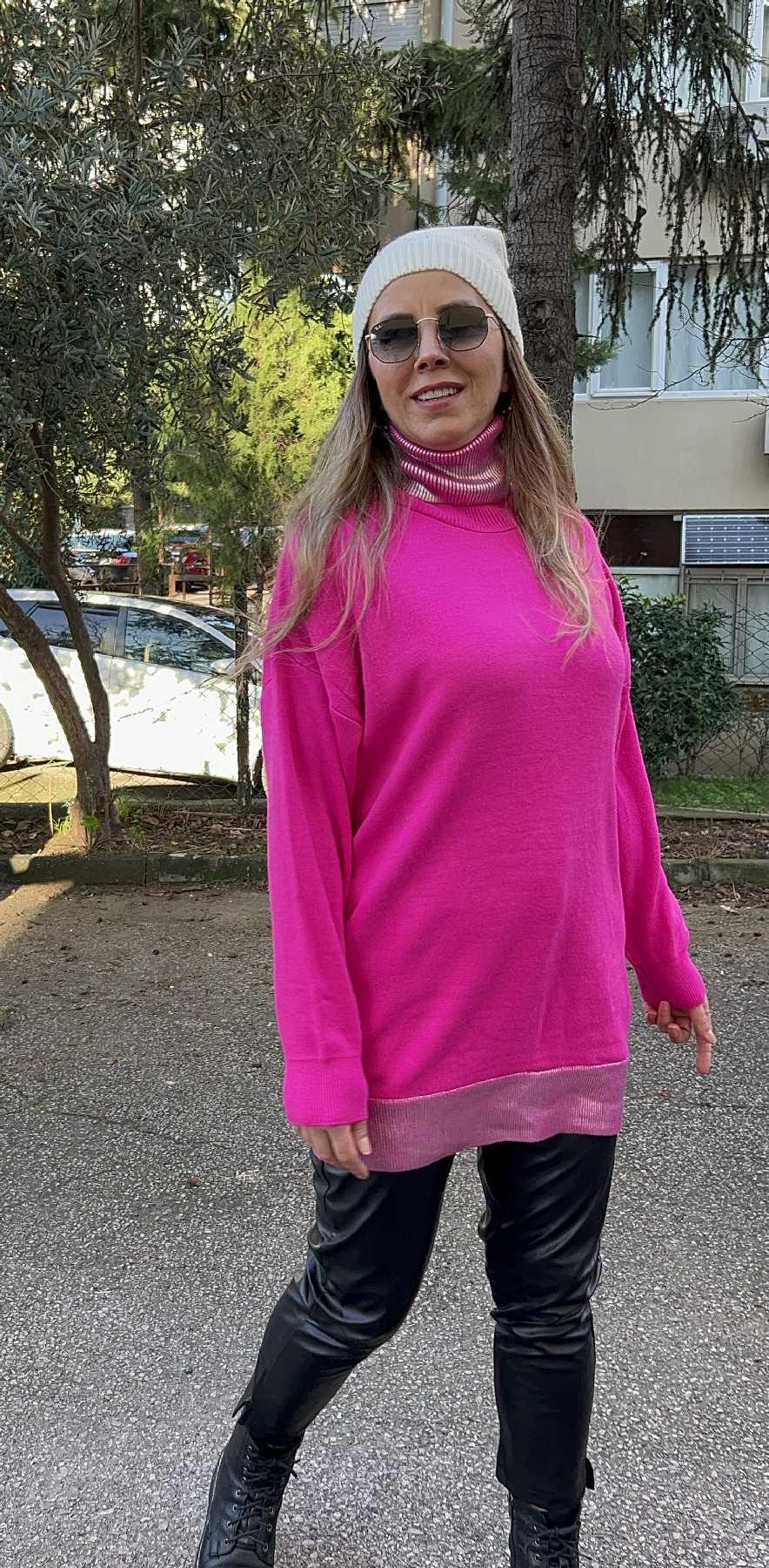 Fuşya Balıkçı Yaka Varaklı Triko  Kazak