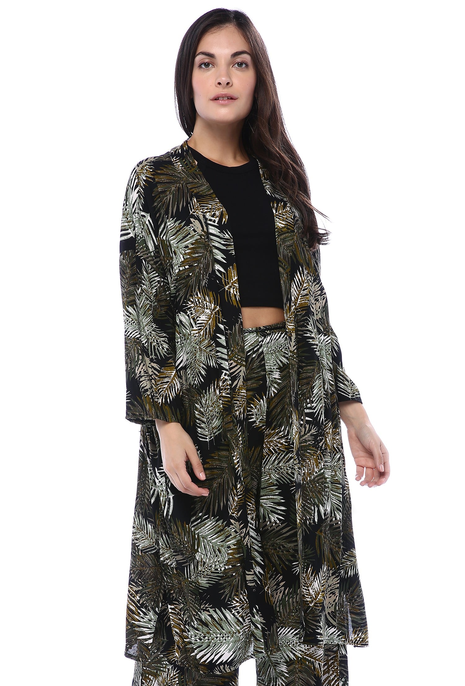 Haki Yaprak Desenli Deri Kemerli Kimono