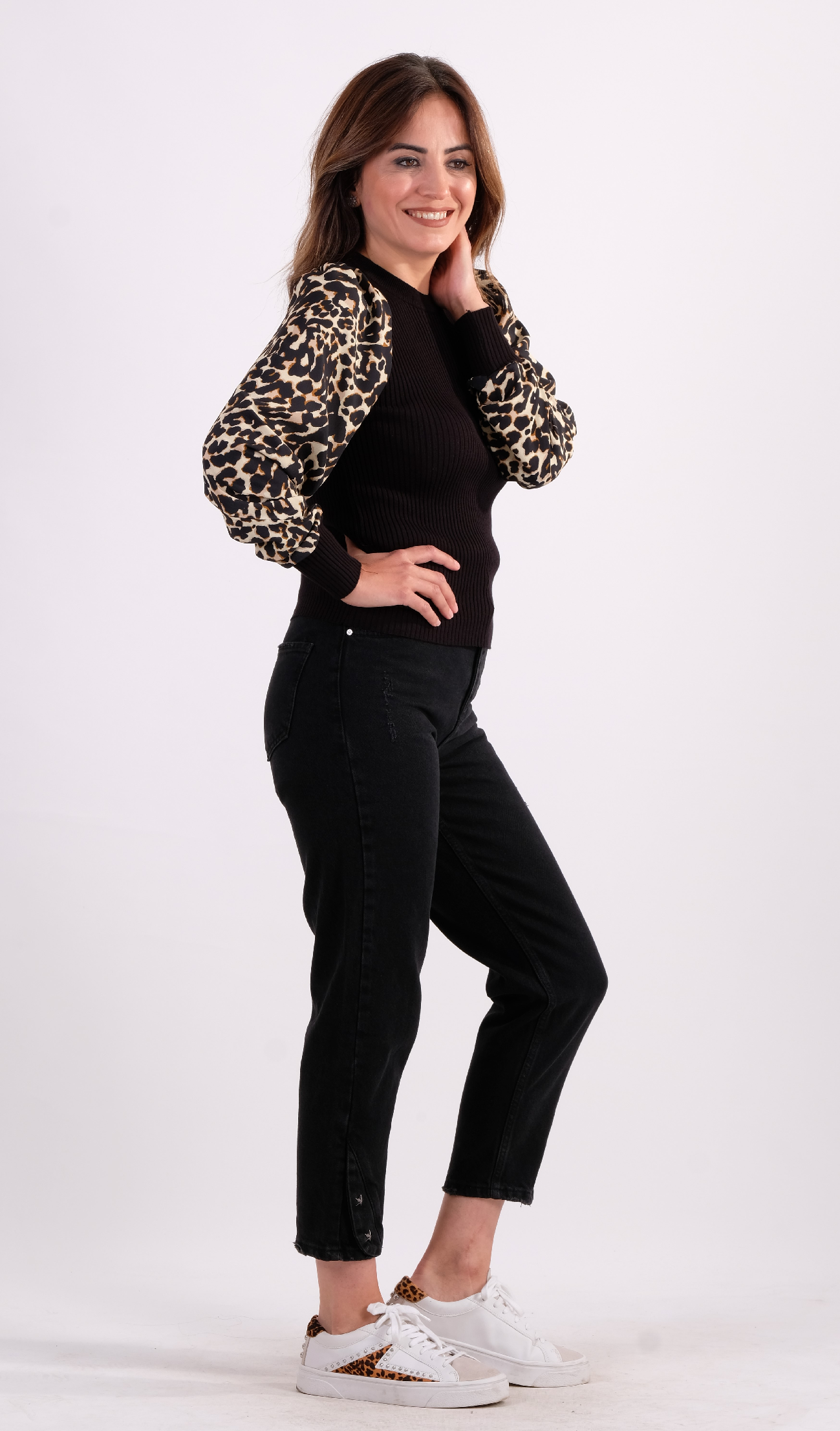 Kolları Saten Leopar Desenli Triko
