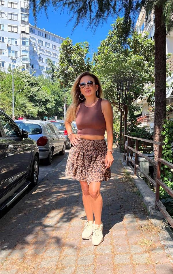 Leopar Beli Kalın Lastik Detaylı Astarlı Şifon Etek