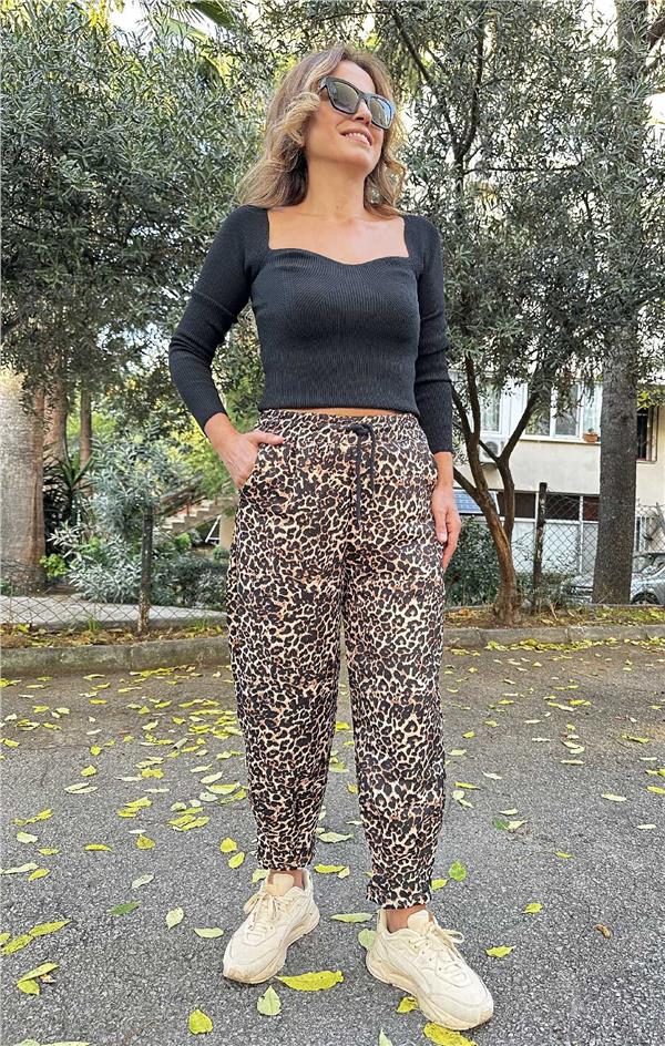 Leopar Desen Beli Lastikli Pantolon