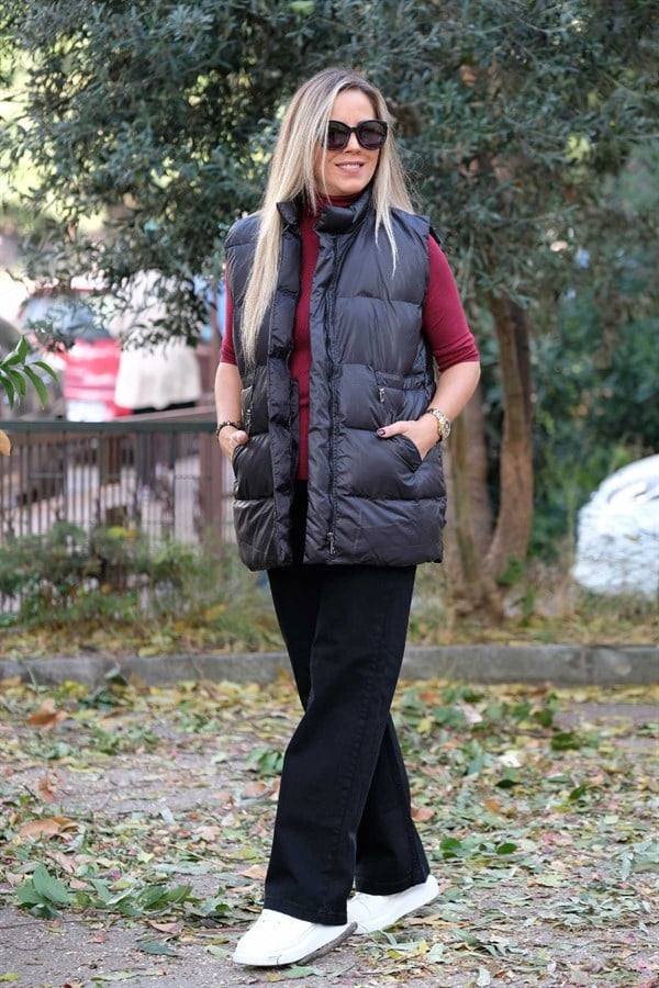 Siyah Beli Büzmeli Şişme Yelek