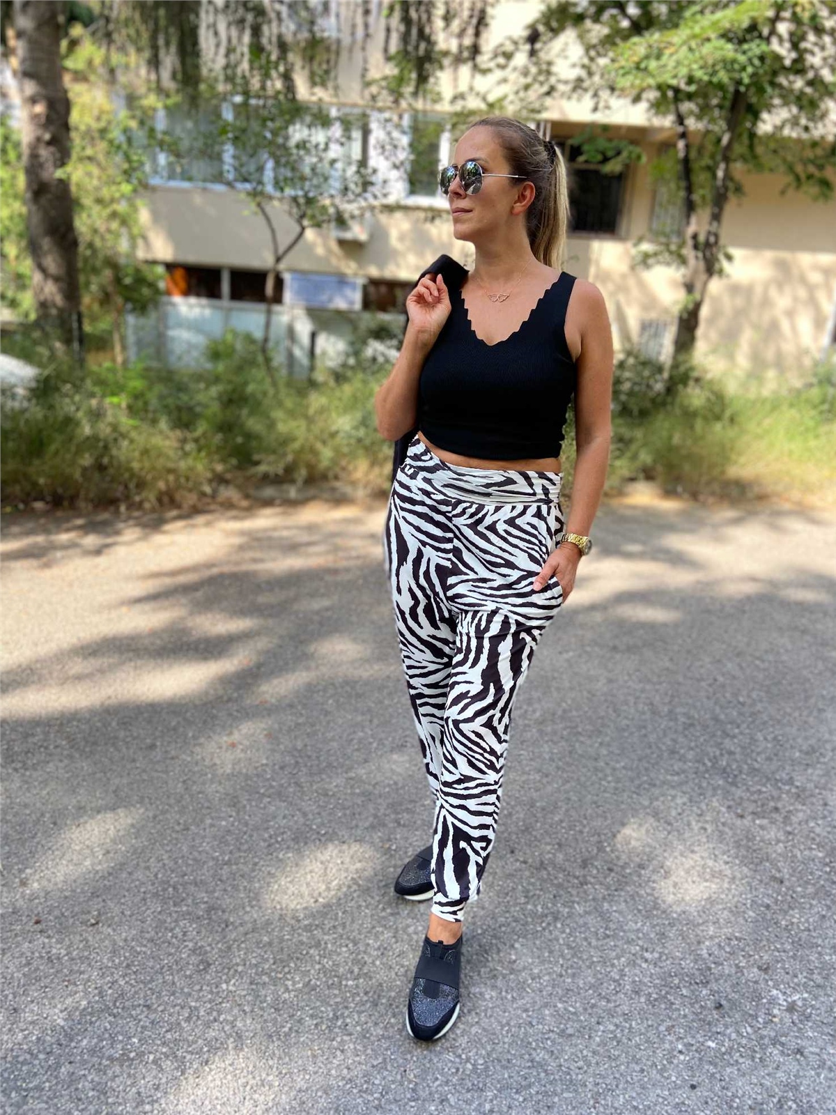 Yüksek Bel Lastikli Zebra Pantolon