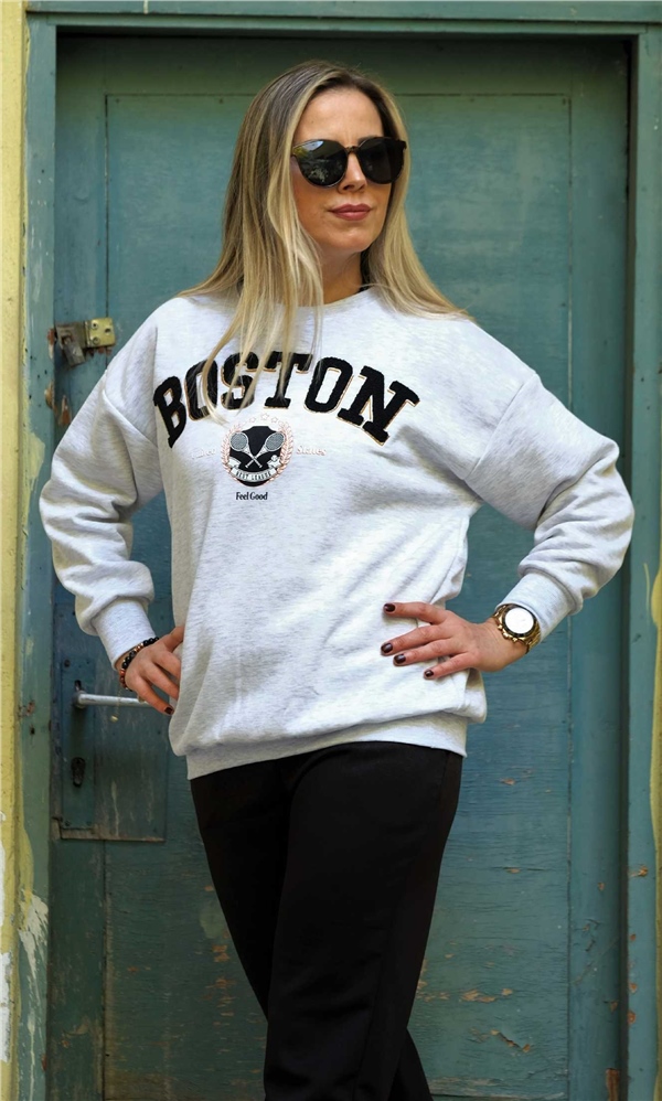 Gri Boston Baskılı  Şardonlu Sweatshirt